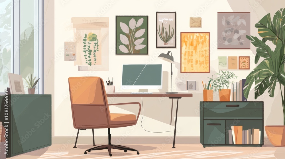 Fototapeta premium A cozy home workspace setup with stylish decor and a comfortable chair, creating a perfect environment for working from home