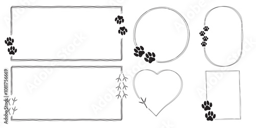 Set of cute hand drawn heart shape, oval, rectangle and round frames with cat, dog and bird paw print. Pet paw quote speech bubble.