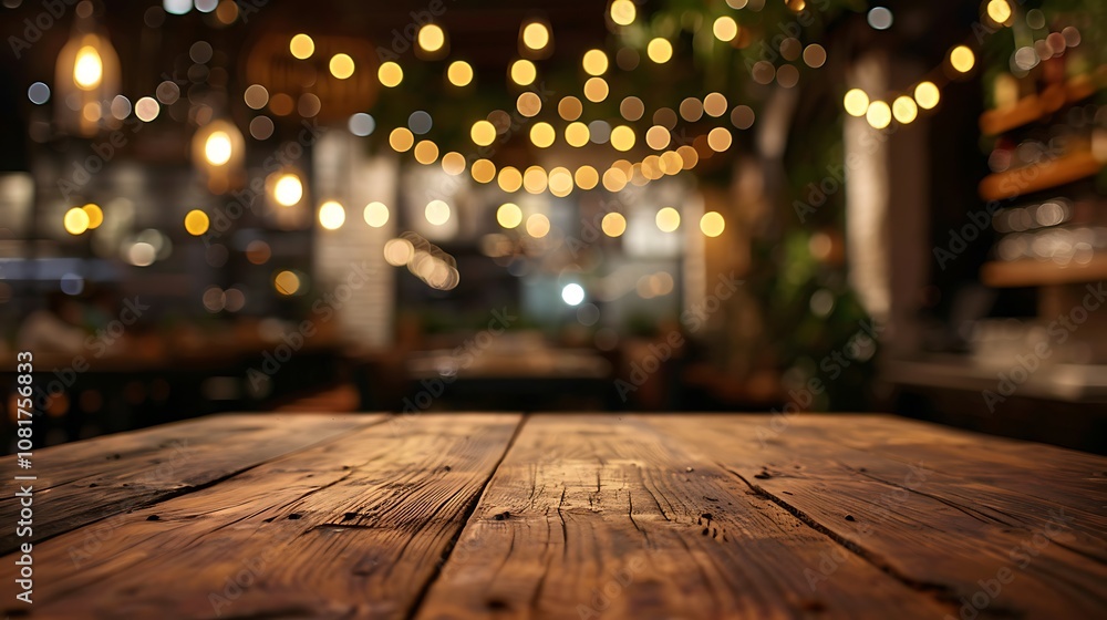Picture of a wooden table against a background of vaguely blurred restaurant lights Picture of a wooden table against a background of vaguely blurred restaurant lights