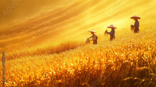 Crop harvest season, farmers gathering abundant produce in golden fields