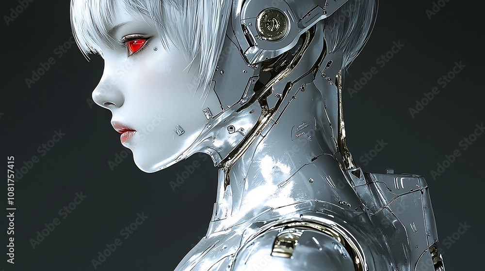 Humanoid High-tech Model, Close-up Side Profile of a Sleek Silver Woman with Glowing Red Eyes Humanoid High-tech Model, Close-up Side Profile of a Sleek Silver Woman with Glowing Red Eyes
