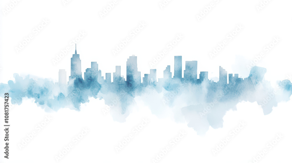 Fototapeta premium serene watercolor skyline featuring tall buildings and soft blue hue, evoking calm urban atmosphere. skyline captures essence of modern city