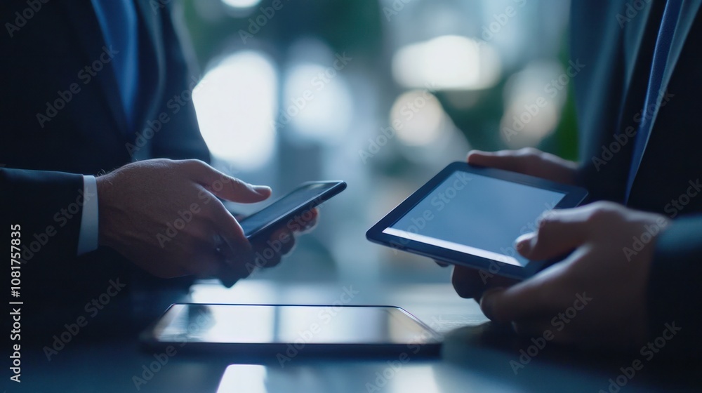 Business meeting with tablet and phone, symbolizing digital communication in modern workplace Business meeting with tablet and phone, symbolizing digital communication in modern workplace