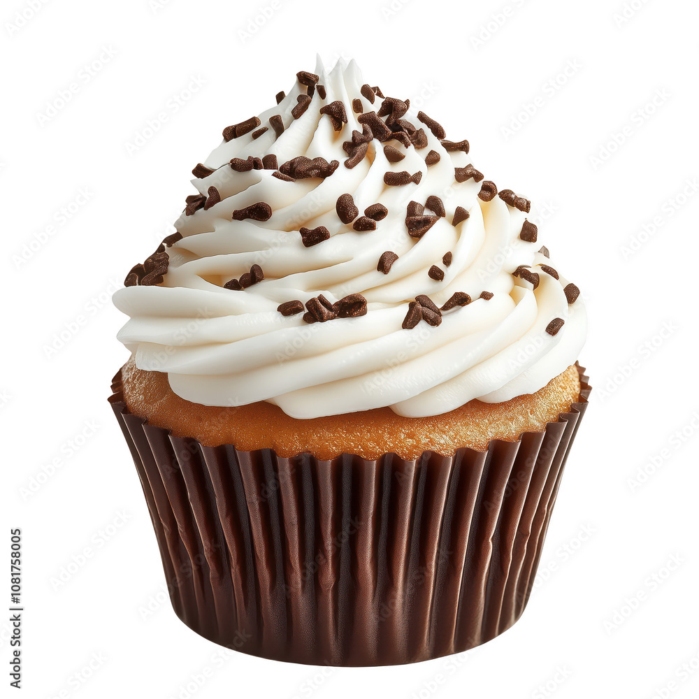 Delicious cupcake with creamy frosting and chocolate sprinkles isolated on transparent background. Delicious cupcake with creamy frosting and chocolate sprinkles isolated on transparent background.