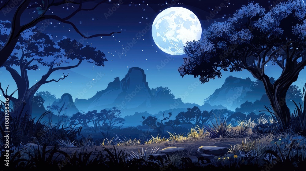 Fototapeta premium A Silhouetted Nighttime Landscape with a Full Moon and Stars