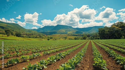 Eco-friendly farming practices on display, lush green fields thriving