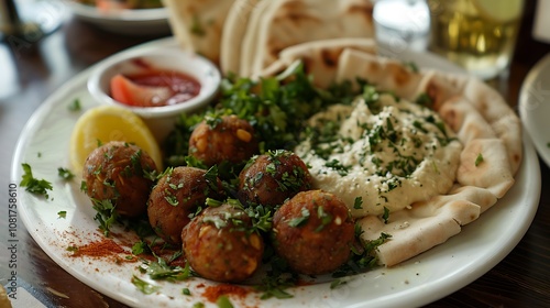 Plate of chickpea balls with pita bread and tahini sauce