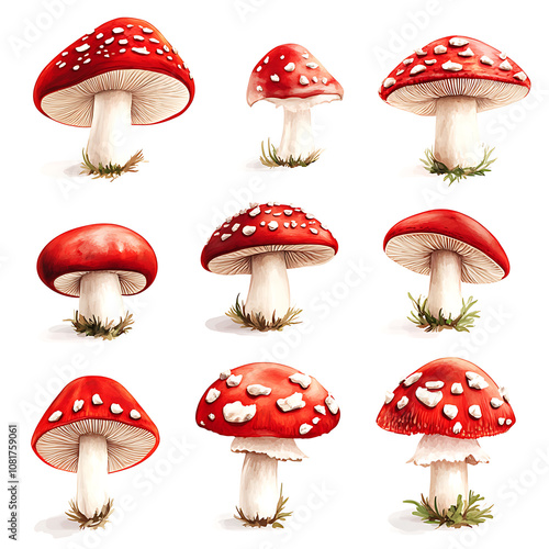 Brightly colored red mushrooms illustrated in a whimsical arrangement on a clean white background, highlighting their unique features and shapes