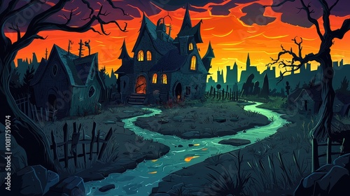 A Winding River Flows Past a Haunted House in a Spooky Twilight Landscape