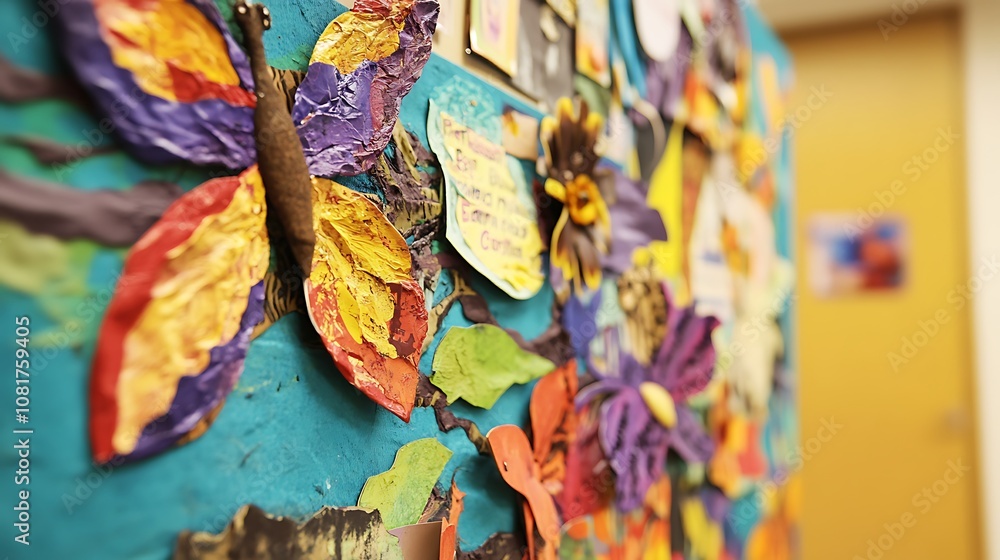 Naklejka premium Colorful Paper Mache Butterfly and Flowers on a Wall