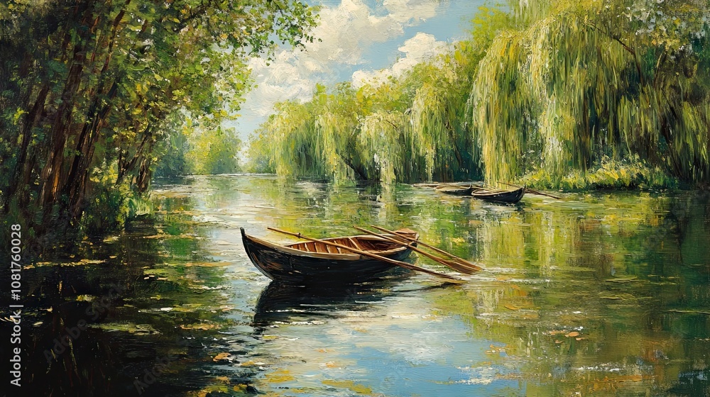 One of the navigable canals of the picturesque marshlands of the Regional Natural Park of the Marais Poitevin, with rowboats and weeping willows on the water One of the navigable canals of the picturesque marshlands of the Regional Natural Park of the Marais Poitevin, with rowboats and weeping willows on the water