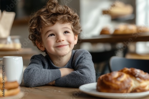 A cheerful boy enjoying a pastry in a cozy cafe while looking thoughtfully out the window on a sunny afternoon