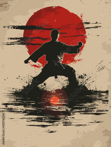 Man in a karate uniform is standing in front of a red sun. The man is pointing to the sun, and the image has a sense of motion and energy