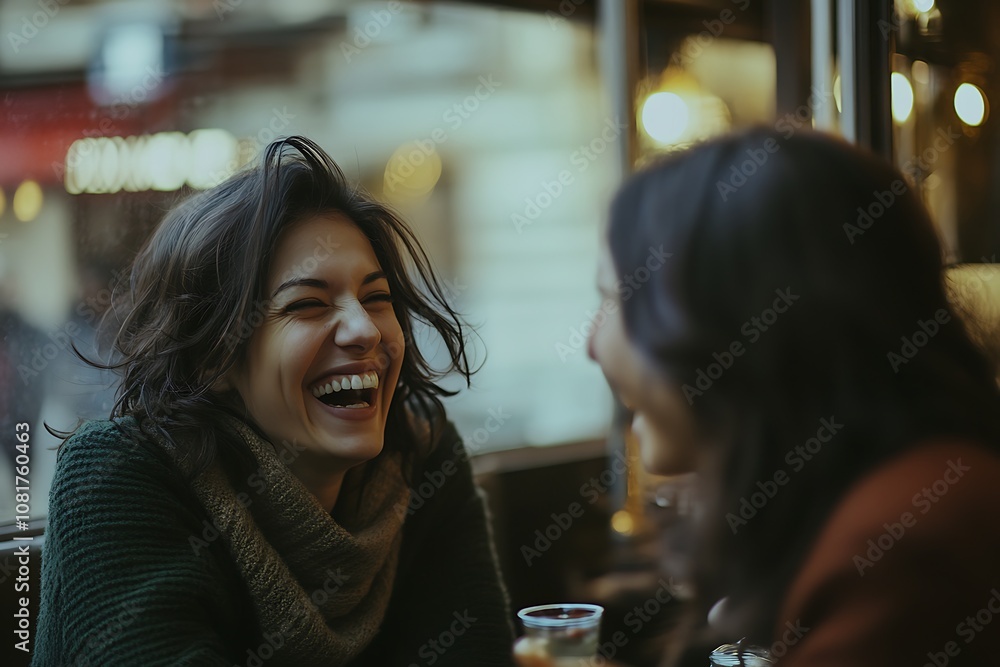Woman Laughing with a Friend in a Cafe Woman Laughing with a Friend in a Cafe