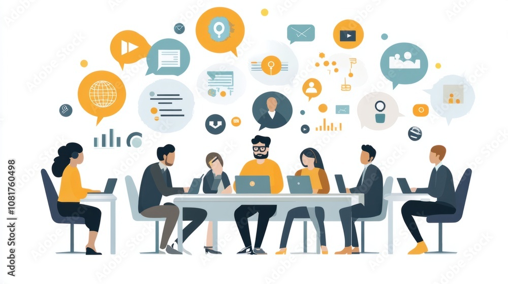 Diverse team brainstorming in office, with digital icons representing business communication Diverse team brainstorming in office, with digital icons representing business communication