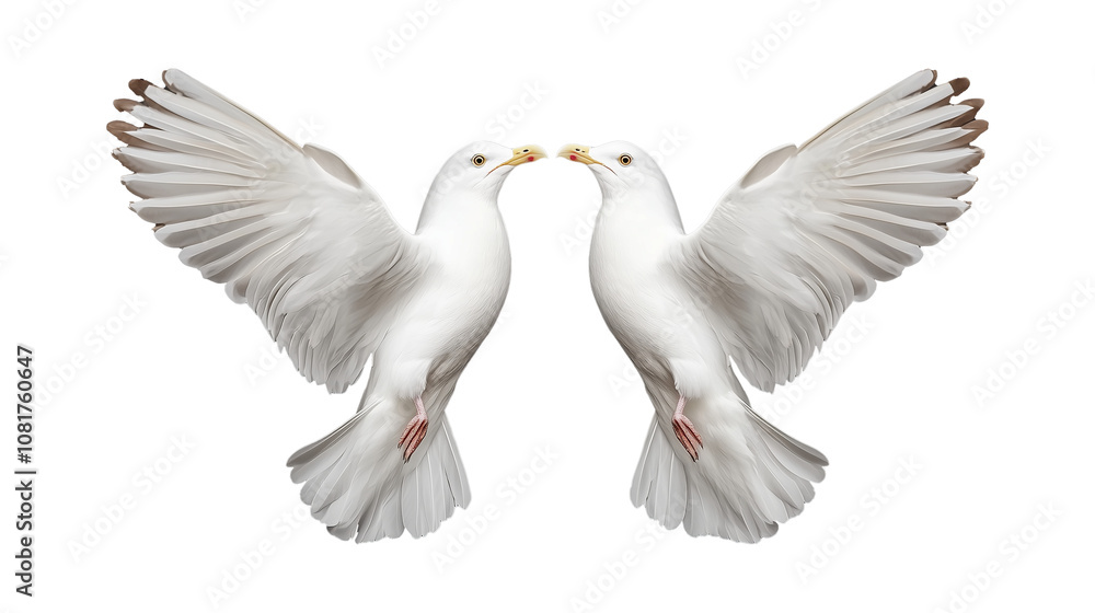 Obraz premium Two white birds facing each other with open wings