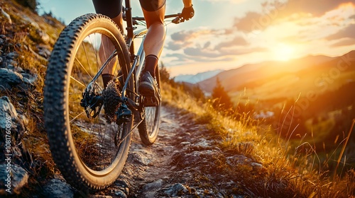 Profile view of athletic legs cycling uphill on a narrow mountain path, with golden rays of the setting sun illuminating the muscles