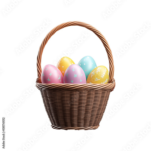 Colorful easter eggs in a woven basket with patterns photo