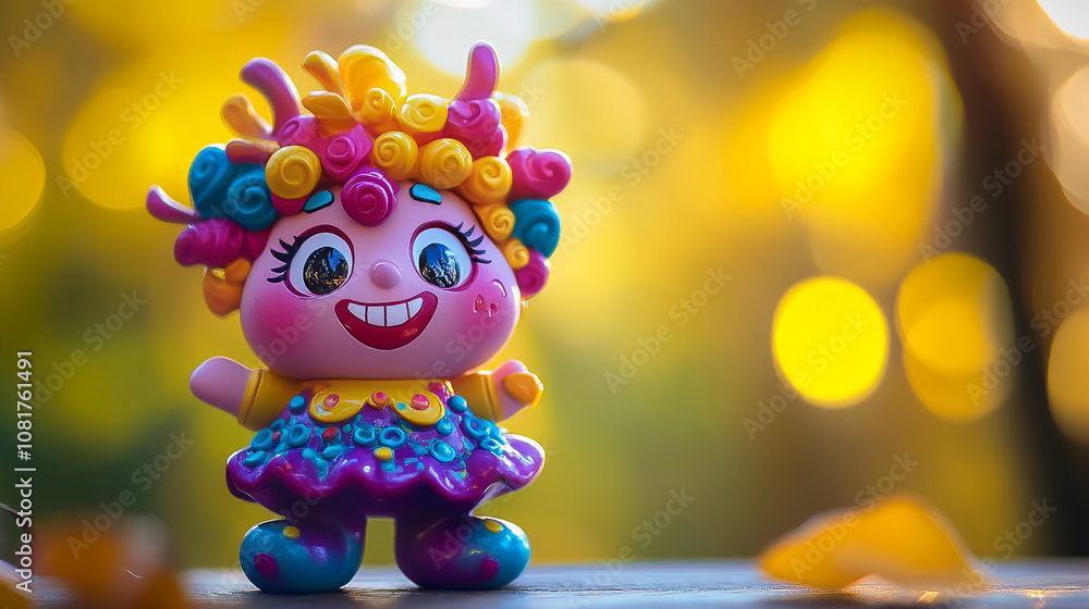 Fototapeta premium Colorful toy character standing on a table surrounded by autumn leaves in a sunny park