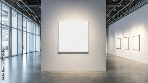 Fototapeta Naklejka Na Ścianę i Meble -  Blank wall frame in a modern, white-walled gallery space