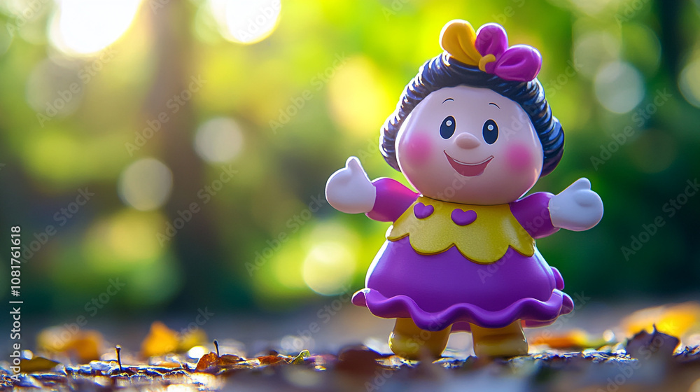 Fototapeta premium Colorful toy character enjoying a vibrant autumn day in a sunny park setting
