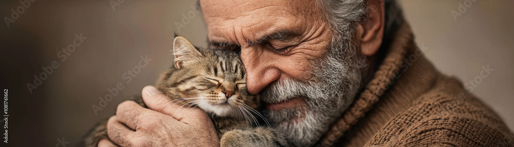 Fototapeta premium Elderly Cat Love Concept. A heartwarming scene of an elderly man gently embracing a cat, showcasing a bond of love and companionship.