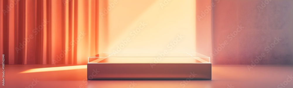 Obraz premium 60. A clean, minimalist podium with a glass top, soft lighting highlighting the empty space for product showcasing.