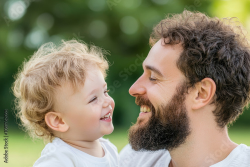 A joyful father and son sharing a heartfelt moment in a sunny park during the afternoon