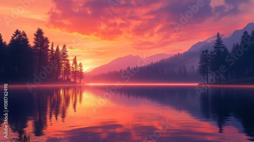 Stunning sunset over calm lake with colorful reflection and silhouette of trees and mountains in the background.