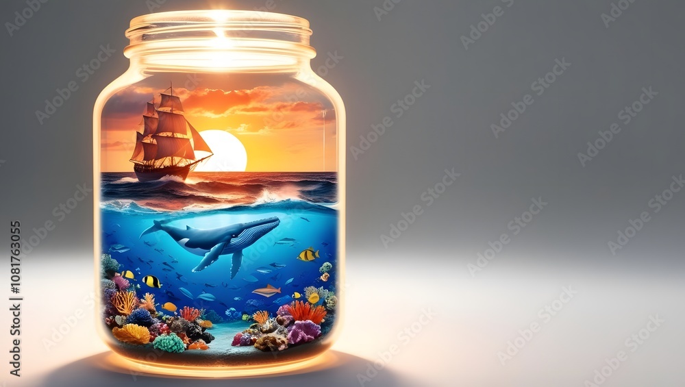 Whale encounter under sunset ocean jar digital art imaginative scene close-up marine exploration Whale encounter under sunset ocean jar digital art imaginative scene close-up marine exploration