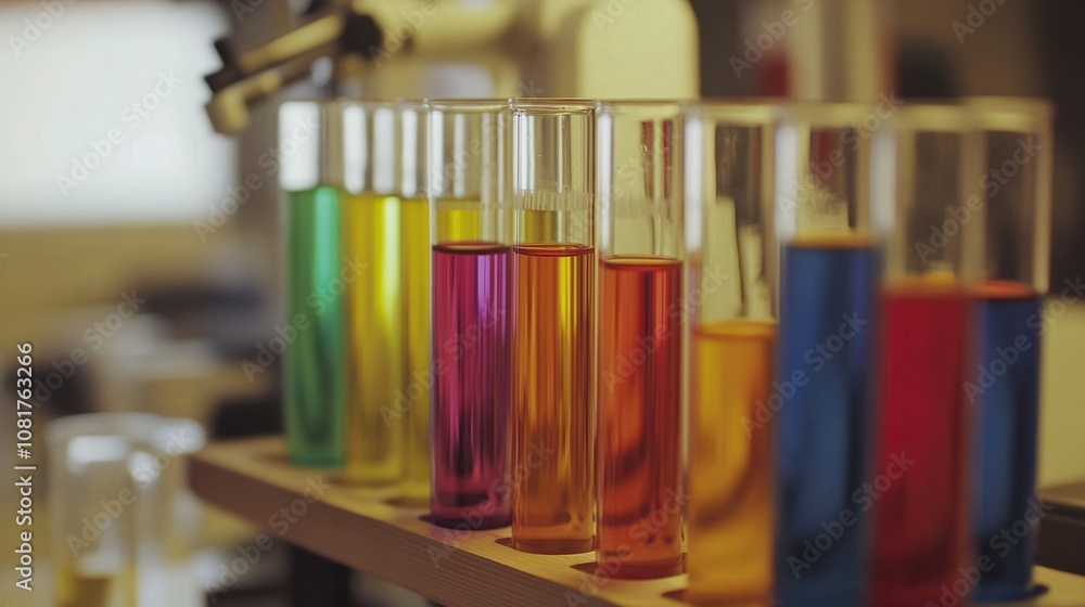 Close-up of lab tools and colorful chemicals in test tubes, representing science and discovery Close-up of lab tools and colorful chemicals in test tubes, representing science and discovery