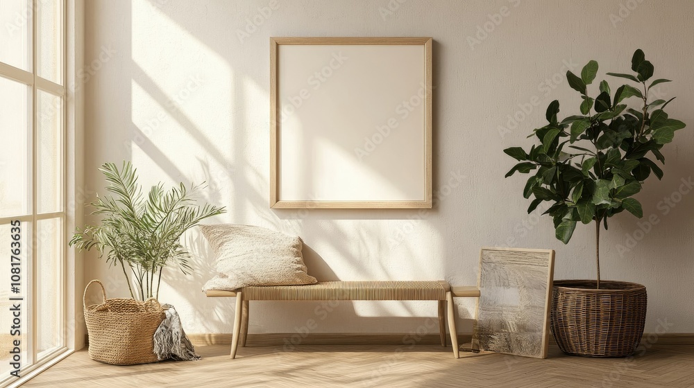 Blank wall frame above a simple bench in a Scandinavian-style room Blank wall frame above a simple bench in a Scandinavian-style room
