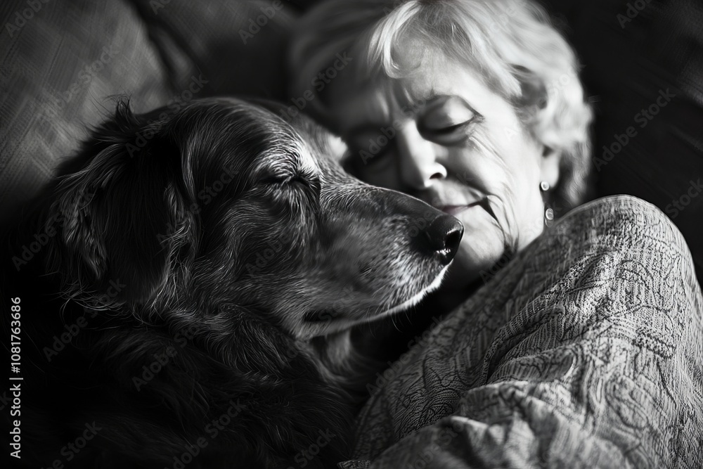 A person and their elderly dog resting together on the couch. They share a comfortable silence, both enjoying each other's presence A person and their elderly dog resting together on the couch. They share a comfortable silence, both enjoying each other's presence