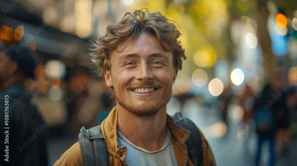 A man with a backpack smiling in the middle of people. AI. A man with a backpack smiling in the middle of people. AI.