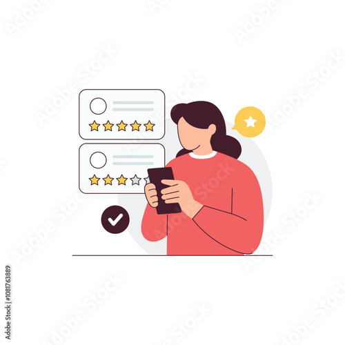 A woman holding a mobile phone is giving feedback to a seller in an online store. Online shop flat vector illustration concept