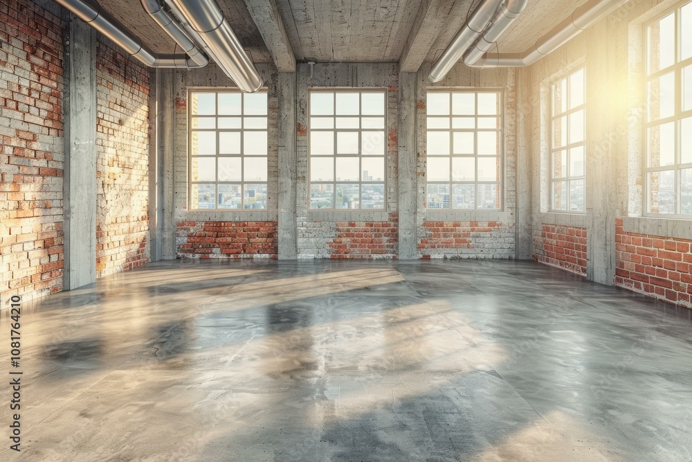 A large, open room with brick walls and large windows. AI. A large, open room with brick walls and large windows. AI.
