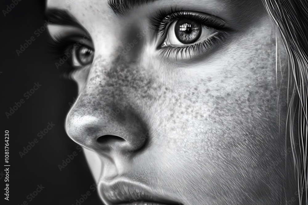 Naklejka premium Close-up of a Woman's Face with Freckles and a Focused Gaze