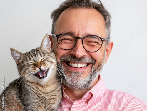 Elderly Cat Love Concept. A cheerful man smiles widely while holding a laughing cat, showcasing a joyful bond and warmth between them.