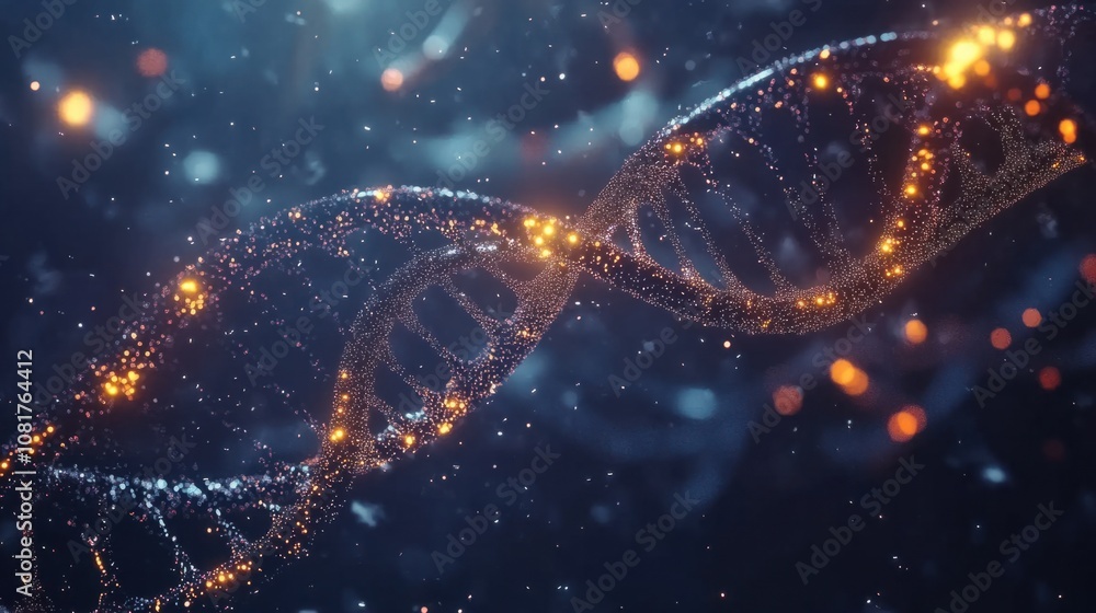 DNA helix model with glowing particles, representing genetic science and discovery DNA helix model with glowing particles, representing genetic science and discovery