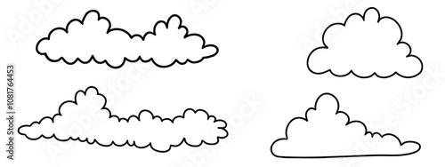 Set of cute clouds. Doodle outline creeping clouds. Funny cloud childish collection in black contour. Sky cumulus clouds isolated on transparent background.