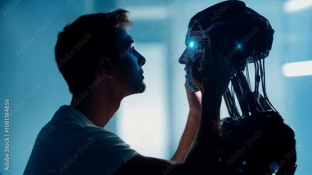 A man engaging in conversation with advanced robotic technology and machine learning innovations A man engaging in conversation with advanced robotic technology and machine learning innovations