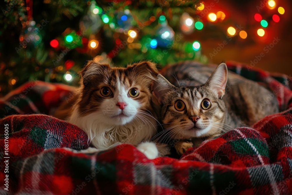 Two cats looking at the camera while lying on a red blanket. AI. Two cats looking at the camera while lying on a red blanket. AI.