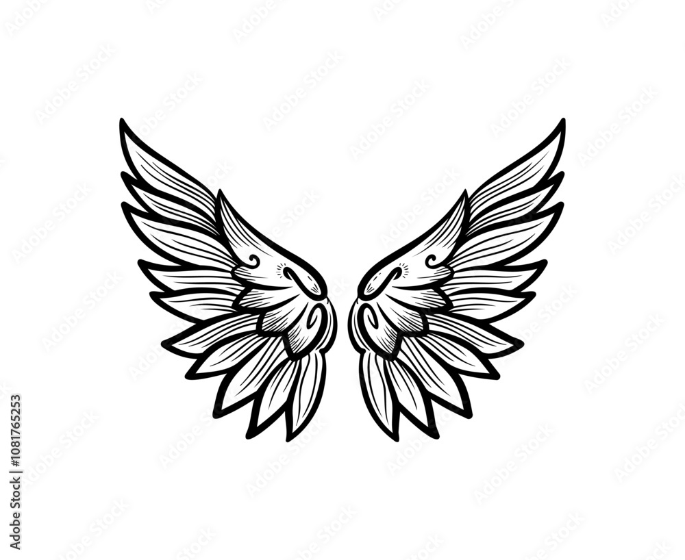 Obraz premium Hand drawn wing design, angel symbol on white background