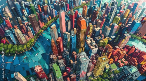 An aerial view of a vibrant city with skyscrapers, parks, and a river, capturing the bustling energy and architectural diversity of modern urban life.