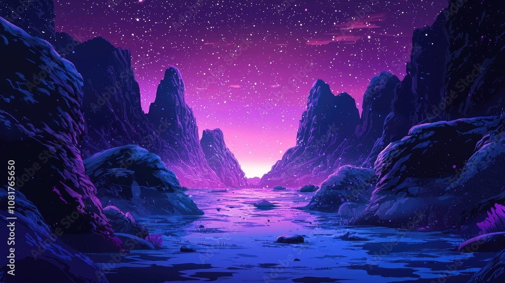 A Starry Night Landscape with Purple Mountains and a River A Starry Night Landscape with Purple Mountains and a River