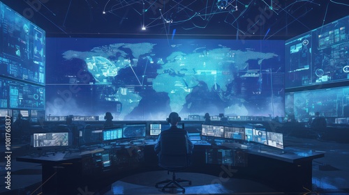 A group of people work in a dark control room, looking at computer screens and a large screen displaying a world map with digital data.