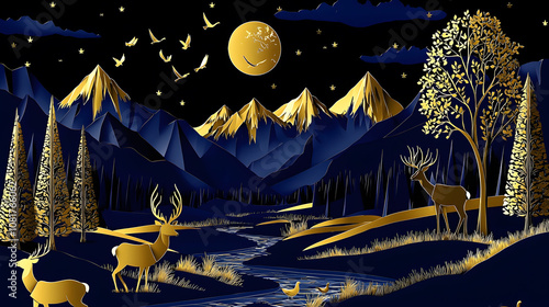 Golden deer in a serene nighttime mountain scene photo