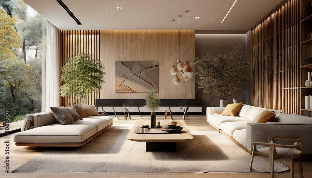 Fototapeta premium Sleek and Stylish: Modern Living Room with Contemporary Furnishings and Wooden Accents in 3D