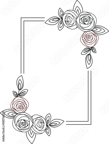 Floral patterned frame with floral elements, twigs and leaves. Hand drawn vector illustration in line art style for wedding invitations, cards and more.