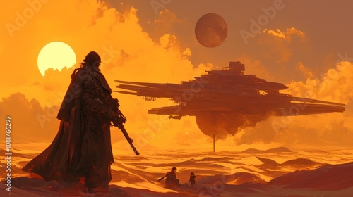 Fototapeta Naklejka Na Ścianę i Meble -  A lone figure stands in a desolate desert landscape, gazing at a large spaceship hovering above. The setting sun casts a warm glow over the scene, highlighting the vastness.